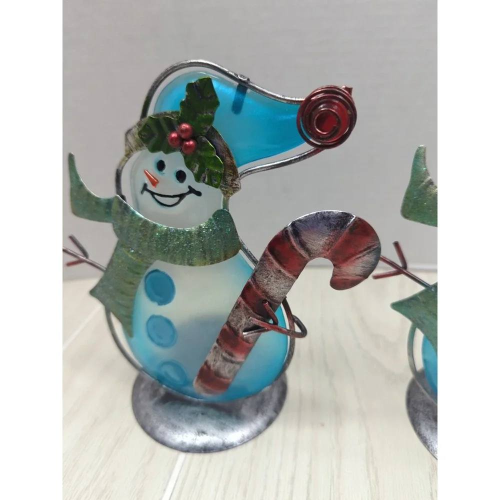Blue white glass metal candy canes accents Snowman pair tea light candle holders